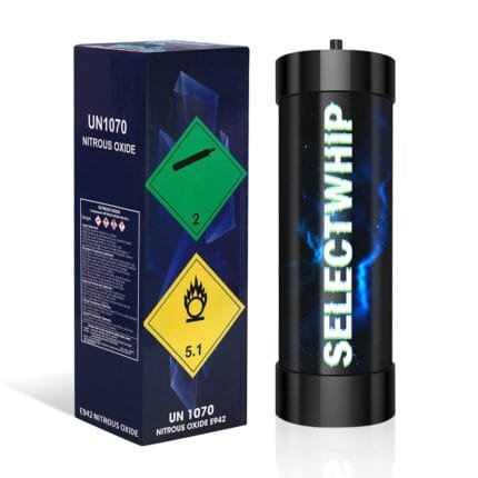 SelectWhip black cream charger tank next to its premium retail packaging.
