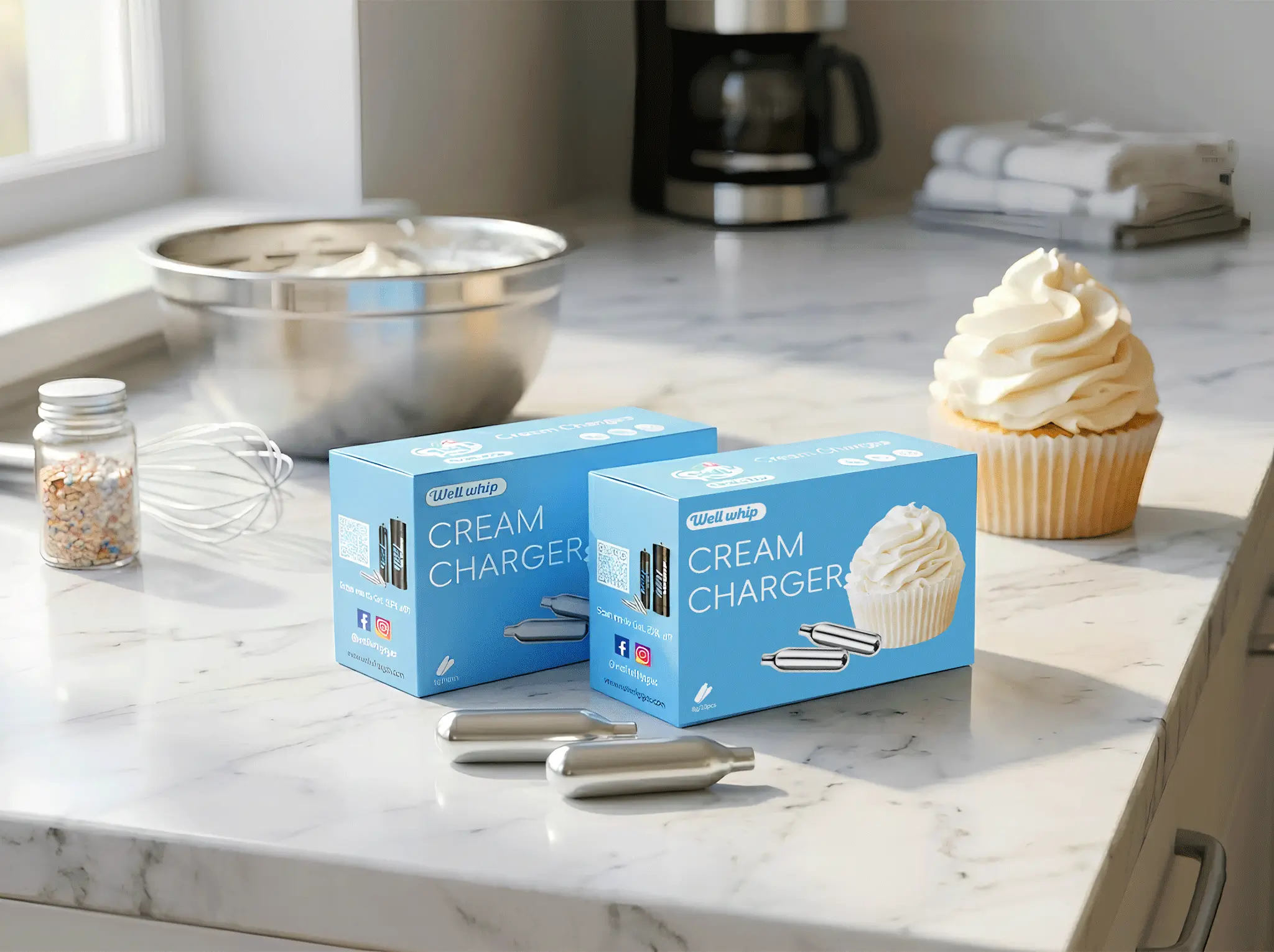 Blue box of N2O cream chargers with silver canisters on a kitchen countertop.