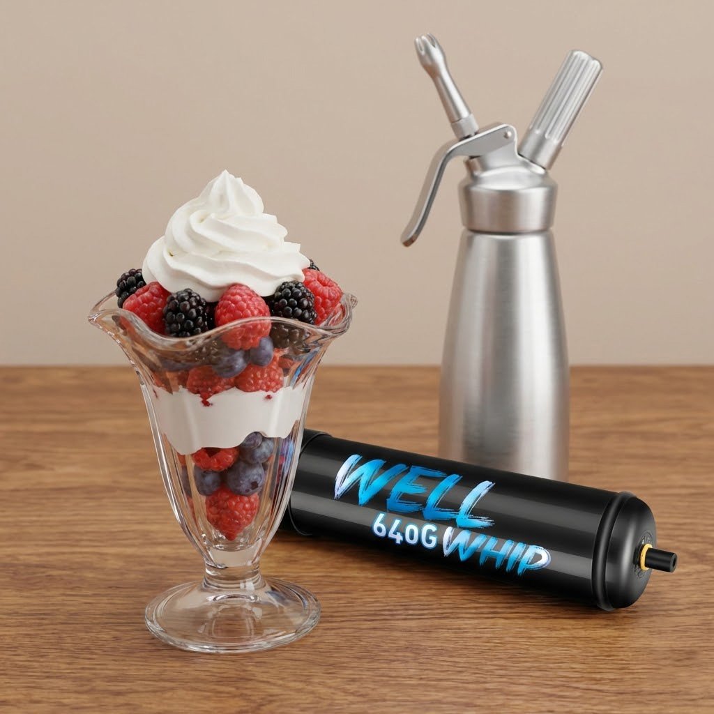 A glass parfait dish with whipped cream, raspberries, blackberries, and blueberries. Nearby are a whipped cream dispenser and a black cylinder labeled "WELL 640G WHIP."