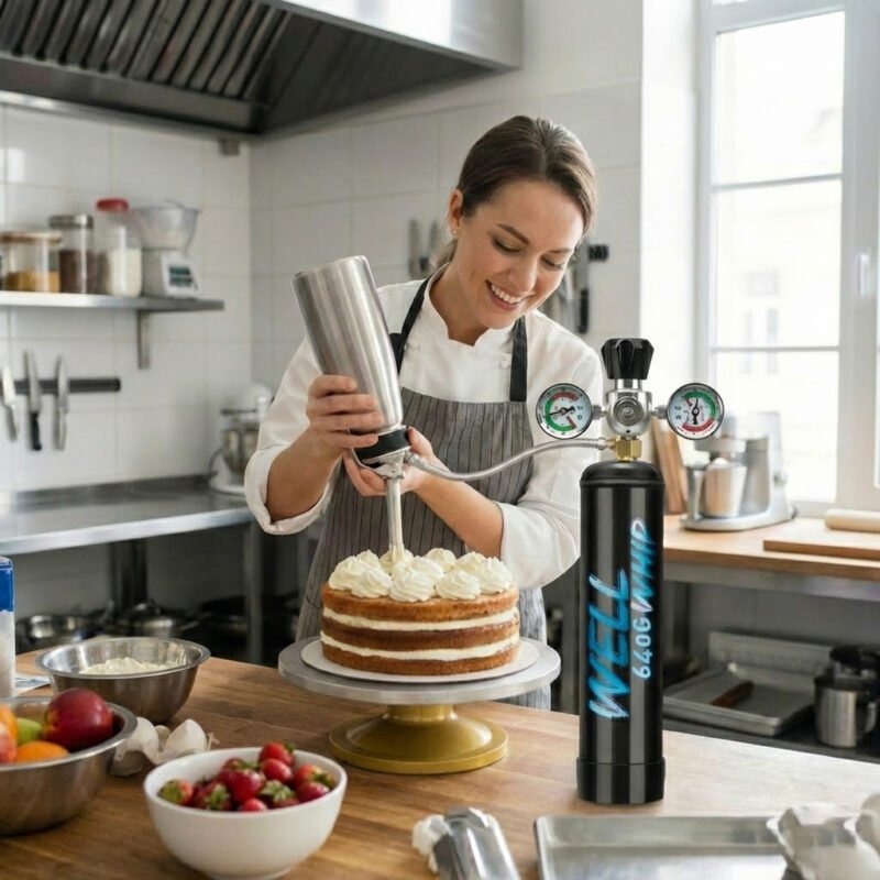 A smiling chef in a professional kitchen decorates a layered cake with whipped cream from a canister. Baking tools and strawberries are on the counter.