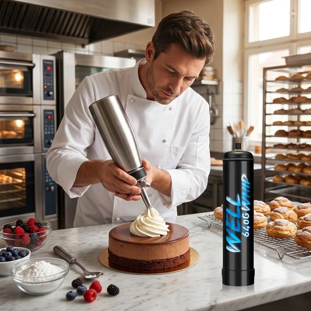 A chef in a white uniform decorates a chocolate cake with whipped cream in a bakery kitchen. Pies and berries are nearby, creating a cozy, focused atmosphere.