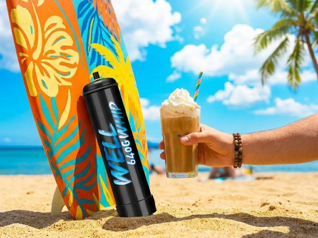 A colorful surfboard with a floral design stands on a sunny beach next to a black canister. A hand holds an iced coffee with whipped cream, straw, and bracelet, with palm trees and ocean in the background.