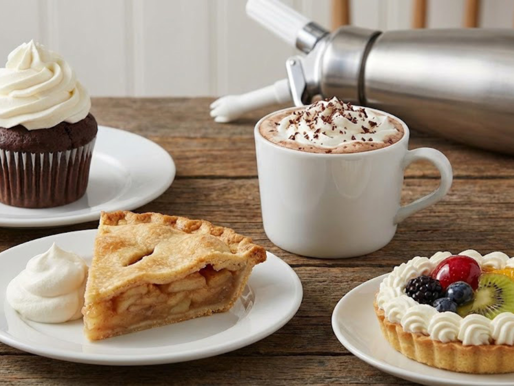 A wooden table displays a chocolate cupcake with frosting, a slice of apple pie, a fruit tart, and a whipped cream-topped hot chocolate, creating a cozy, inviting scene.