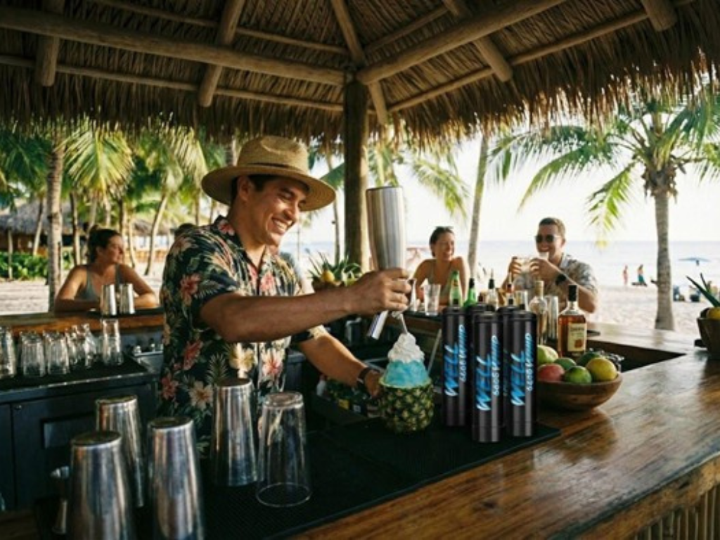 Bartender in a floral shirt preparing a drink in a pineapple under a thatched beach bar. Smiling guests and palm trees create a relaxed tropical vibe.