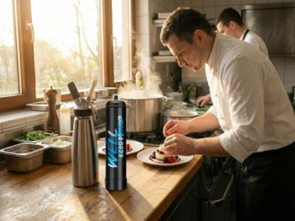Chef garnishing dessert in warm, sunlit kitchen. A large pot steams nearby, with an iSi whipper and a cylindrical product labeled "WELL64 oz Pump" in the foreground.