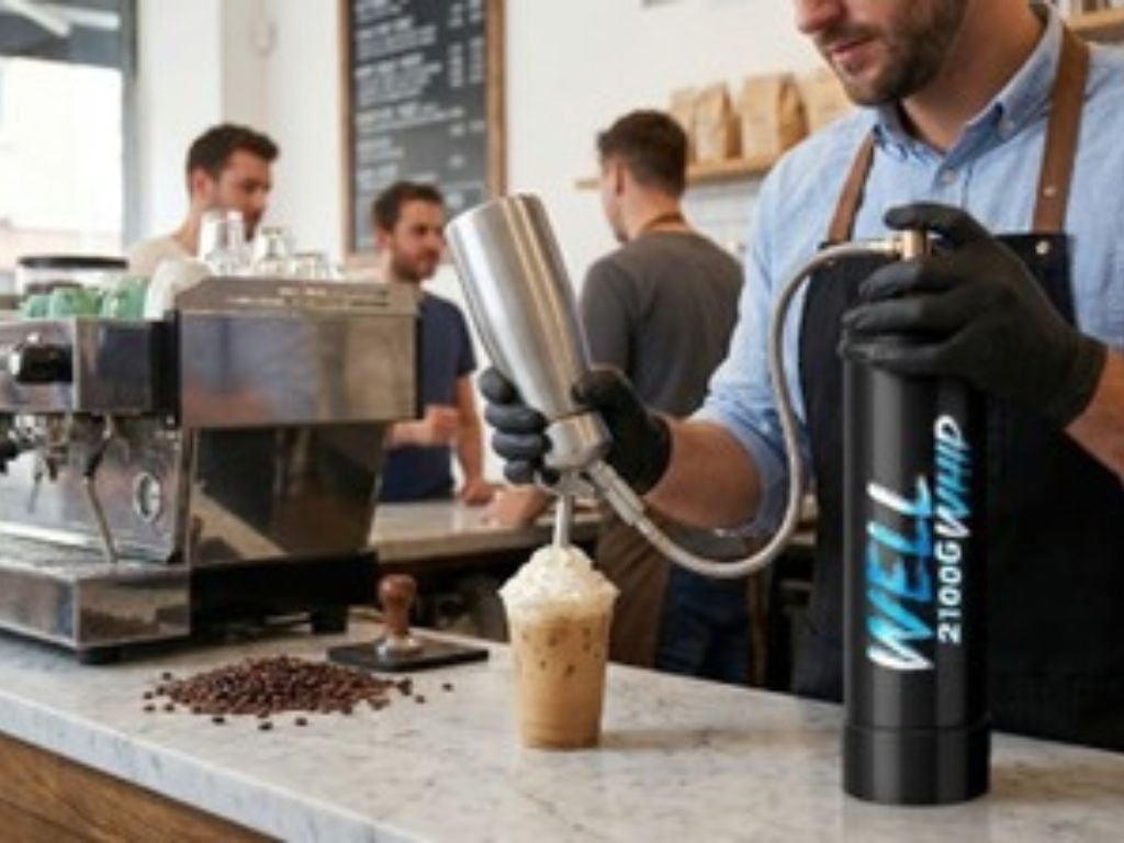 Barista in black gloves uses a whipped cream dispenser on iced coffee at a café. Coffee beans are on the countertop, with customers in the background.
