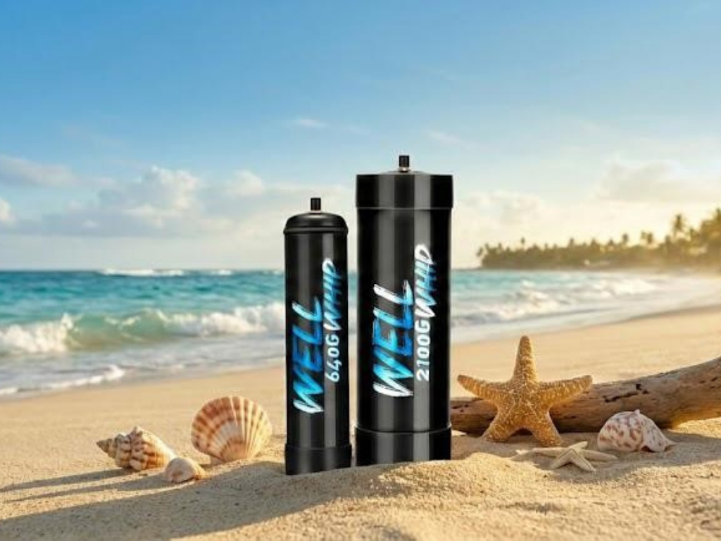 Two black canisters labeled "WELL 640G WHIP" and "WELL 2100G WHIP" stand on a sandy beach with seashells and a starfish under a clear blue sky.