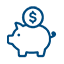 Line art icon of a piggy bank with a dollar coin, representing cost-effective pricing.