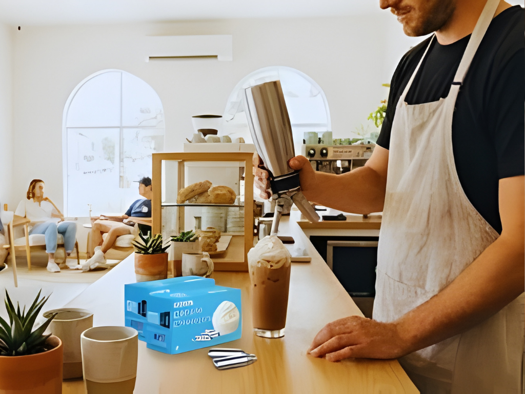 Barista in an apron adds whipped cream to iced coffee at a cozy café. Two customers relax by large windows. Bright, welcoming atmosphere.