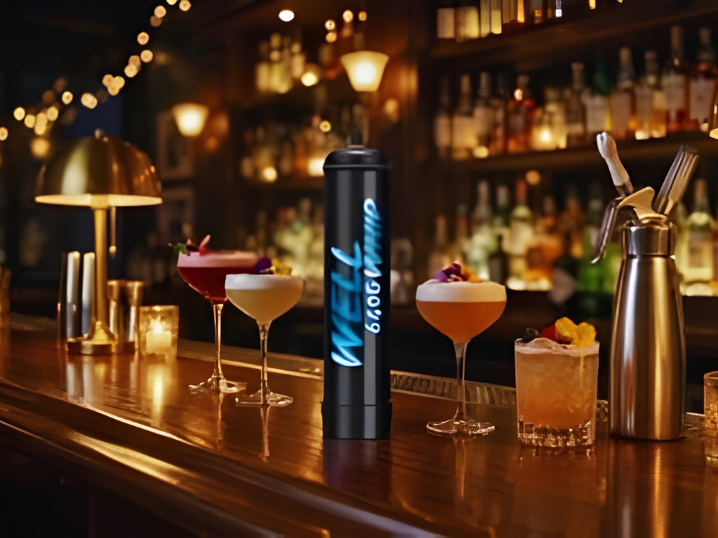 Black WellWhip tank on a bar counter with elegant cocktails in the background.