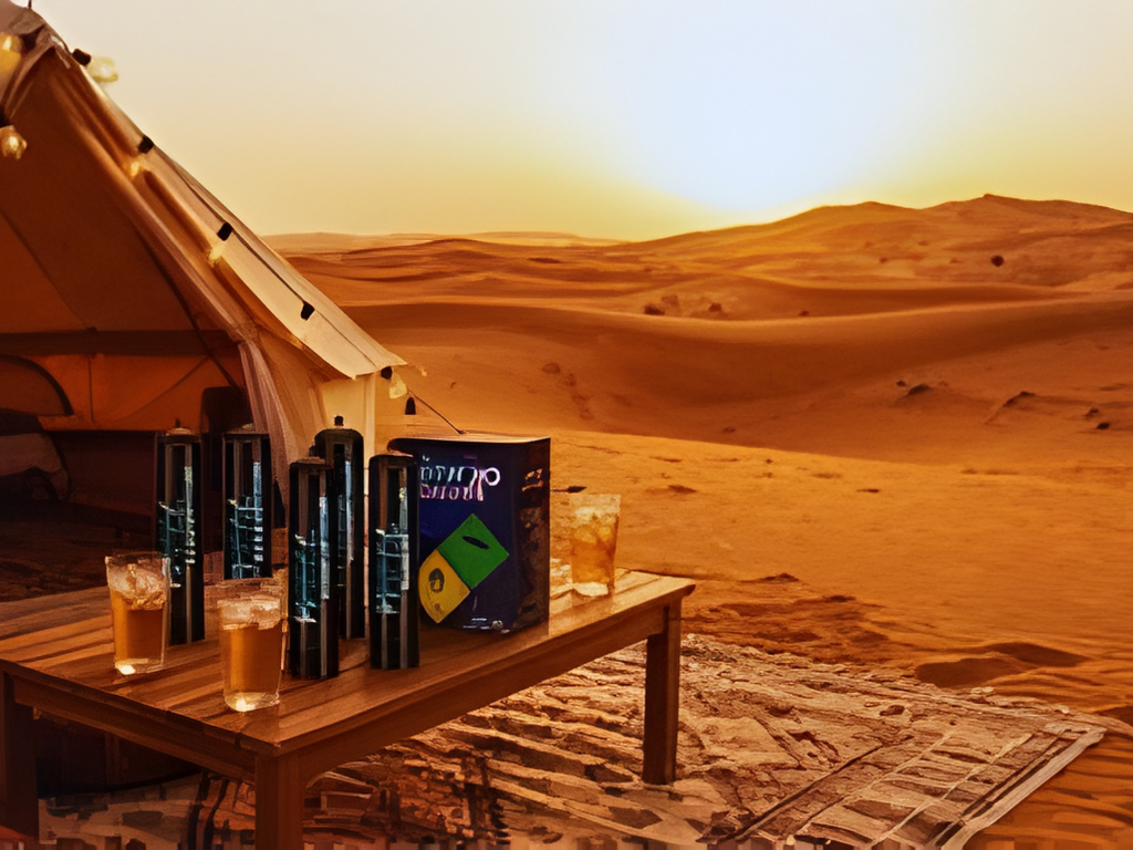 A desert sunset illuminates a cozy camp setup. A tent is adorned with string lights. A wooden table holds drinks and bottles, adding a relaxed vibe.