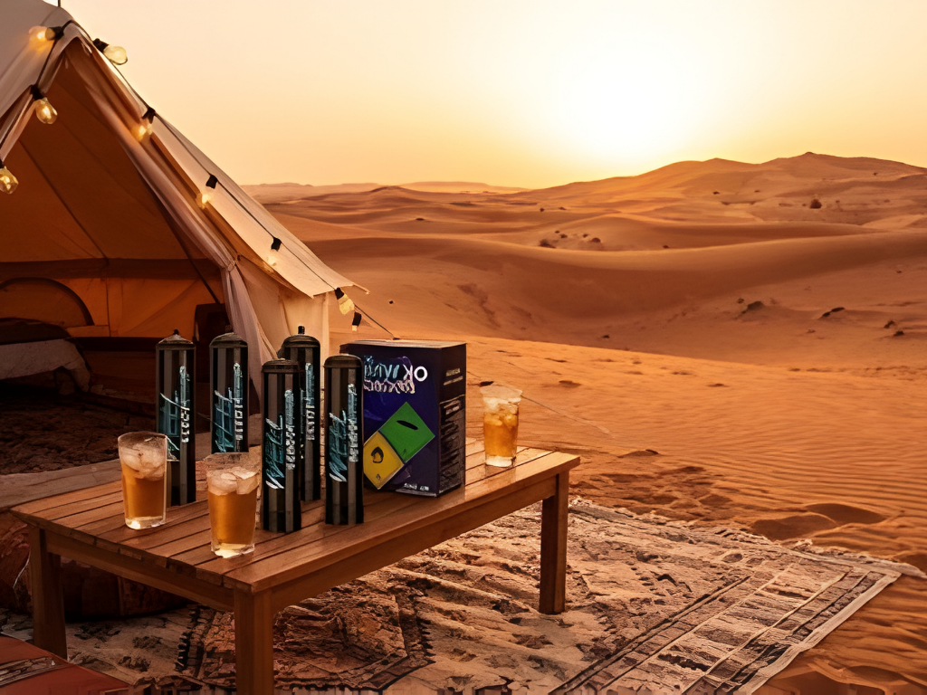 Product lineup of black cream charger tanks in a desert landscape at sunset.