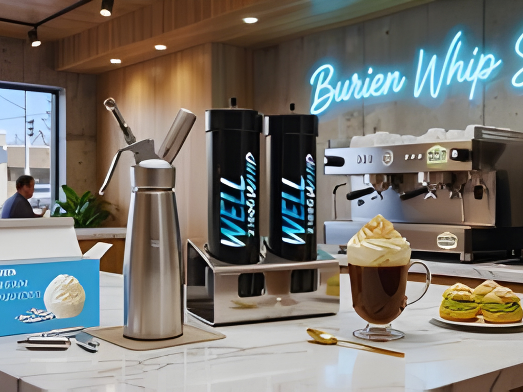 Making fresh whipped cream with a professional dispenser for coffee and desserts at a cafe.