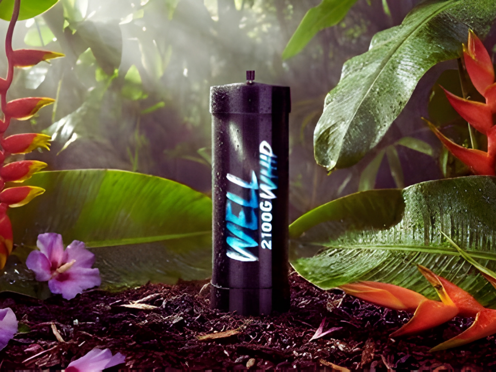 A black cylinder with "WELL 2100G WHIP" text is surrounded by lush green leaves, vibrant orange flowers, and purple blooms in a misty jungle scene.