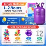 Infographic showing how to inflate balloons with a purple helium tank.