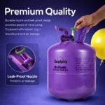 Premium quality purple helium tank features highlighting the leak-proof nozzle.