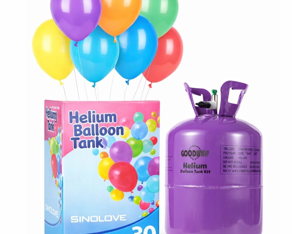 Helium balloon tank kit with colorful balloons, ideal for birthday parties and celebrations.