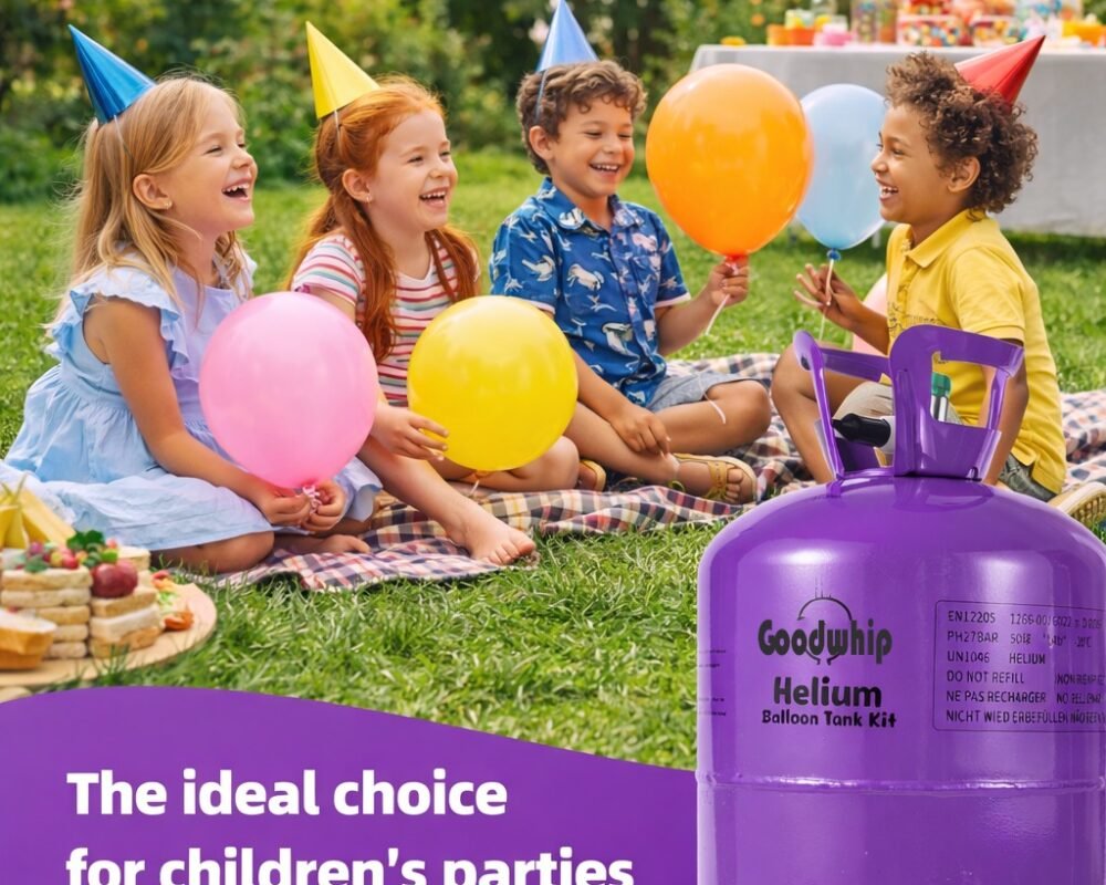 Happy children playing with colorful balloons at an outdoor party with a helium tank nearby.