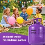 Happy children playing with colorful balloons at an outdoor party with a helium tank nearby.