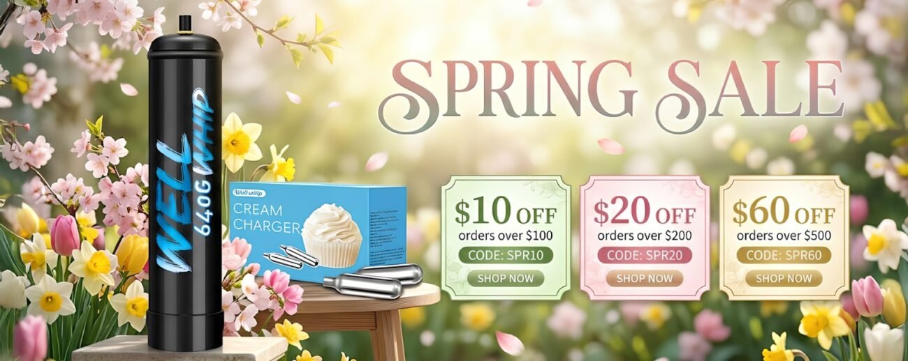 Spring sale promotion banner for cream chargers with discount coupons.