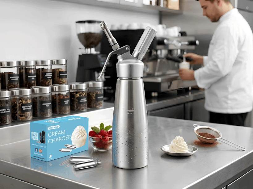 A high-end, commercial-style photograph of a sleek, silver metal whipped cream dispenser