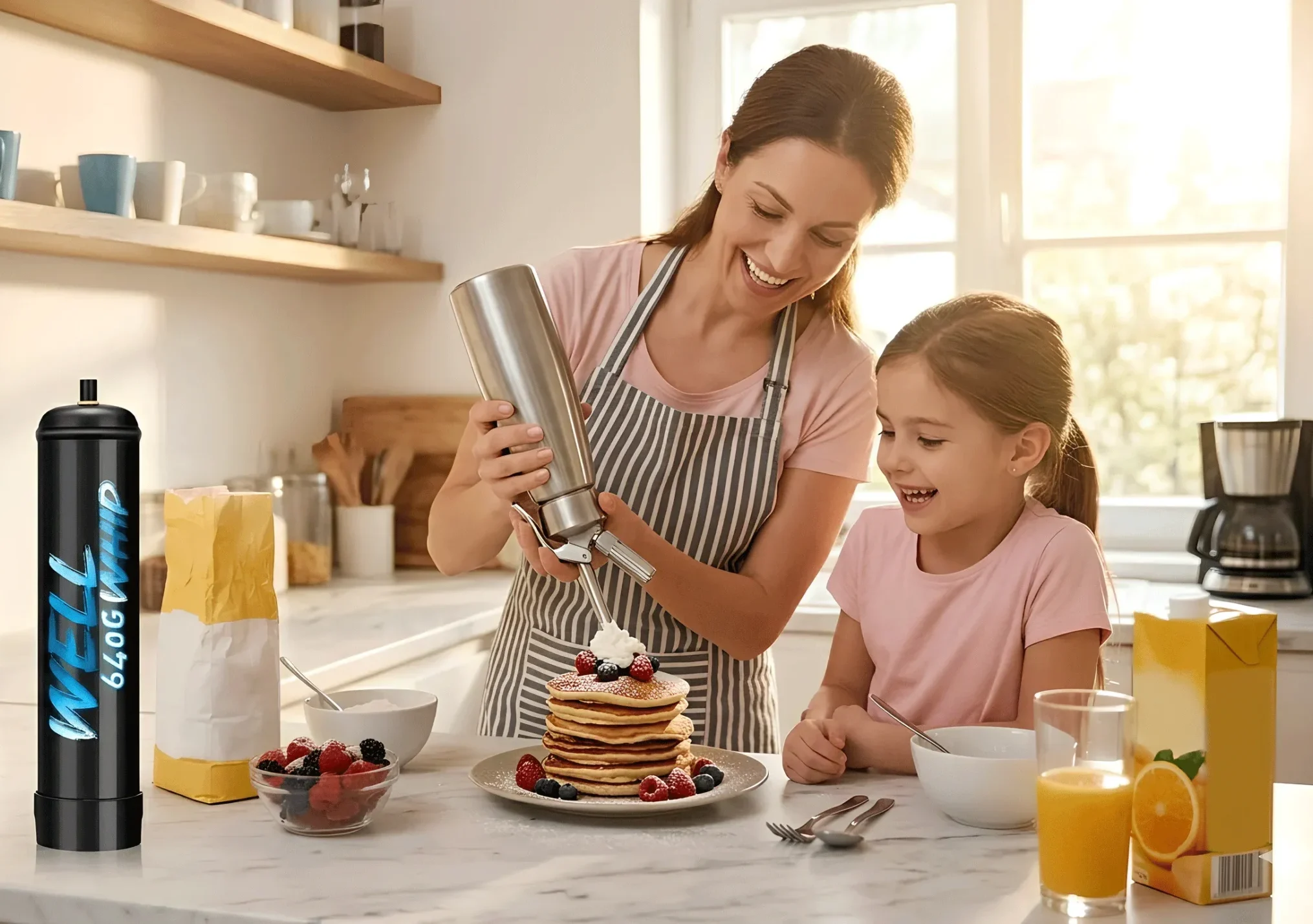 WellWhip 100% pure food-grade N₂O cream chargers in a bright home kitchen, perfect for safe home baking and coffee drinks.