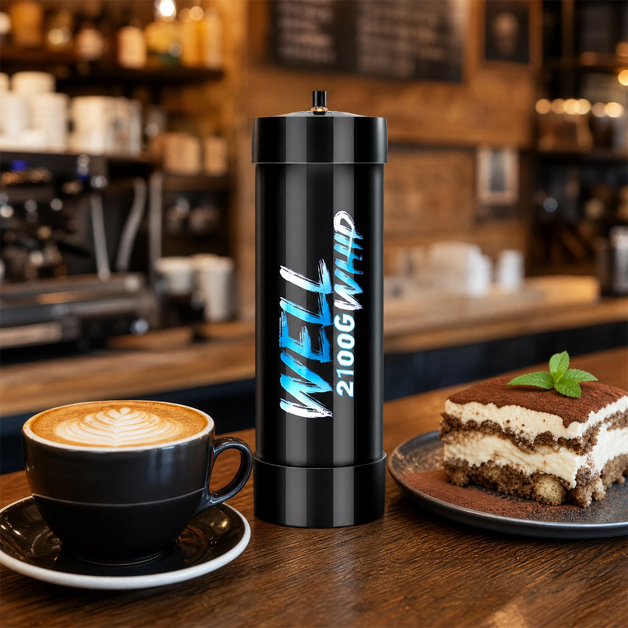 A barista using a commercial whipped cream dispenser with wholesale cream chargers to top a gourmet coffee beverage in a modern cafe.